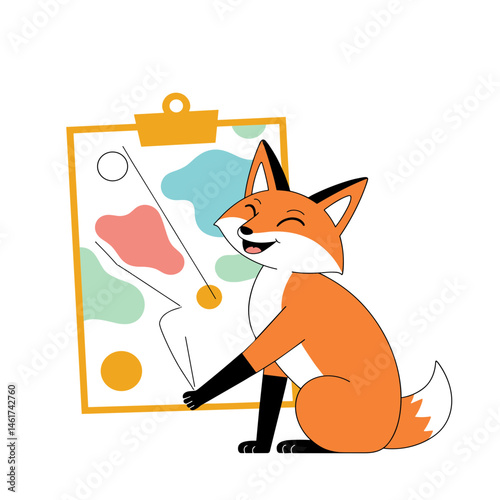 Happy fox tracing a dotted line on a colorful map