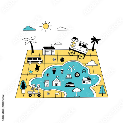Colorful travel map illustration set against bright sunny skies