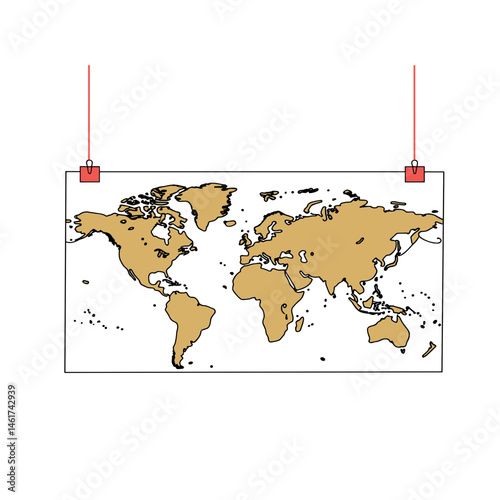 World map illustration with brown continents hanging on red clips