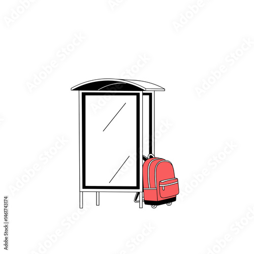 Red backpack beside an empty bus stop shelter