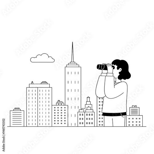 Woman looking through binoculars at city skyline