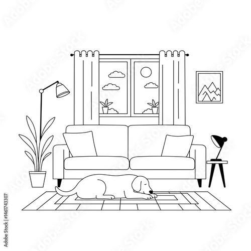 Dog resting on rug in cozy living room with sunny window