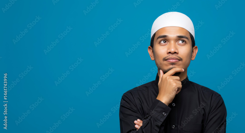 Thoughtful Muslim Man in Black Shirt Pondering Ideas Against Blue Background Thoughtful Muslim Man in Black Shirt Pondering Ideas Against Blue Background