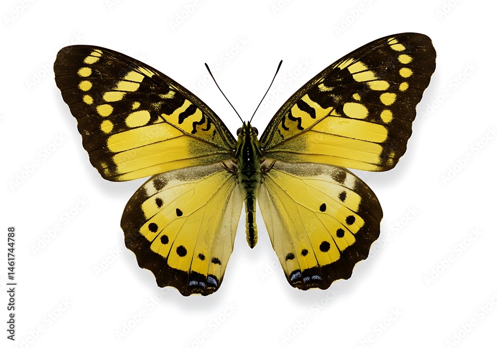 Obraz premium Isolated butterfly with yellow and black wings displaying intricate patterns against a white background