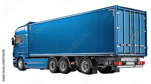 Blue Road Hauler: A dynamic perspective on a sleek blue semi-truck. Its imposing form symbolizes the power and efficiency of modern transport and logistics.