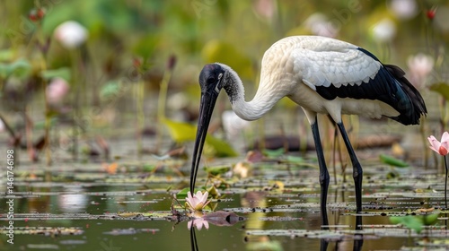 Jabiru stork fishing in wetlands.