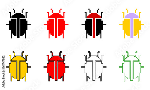 Colorful geometric pixelated beetles, vector bug logo or icon, pixel art style, debugging concept