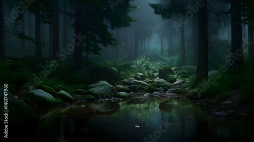 river at dusk with fallen logs and dense moss-covered rocks