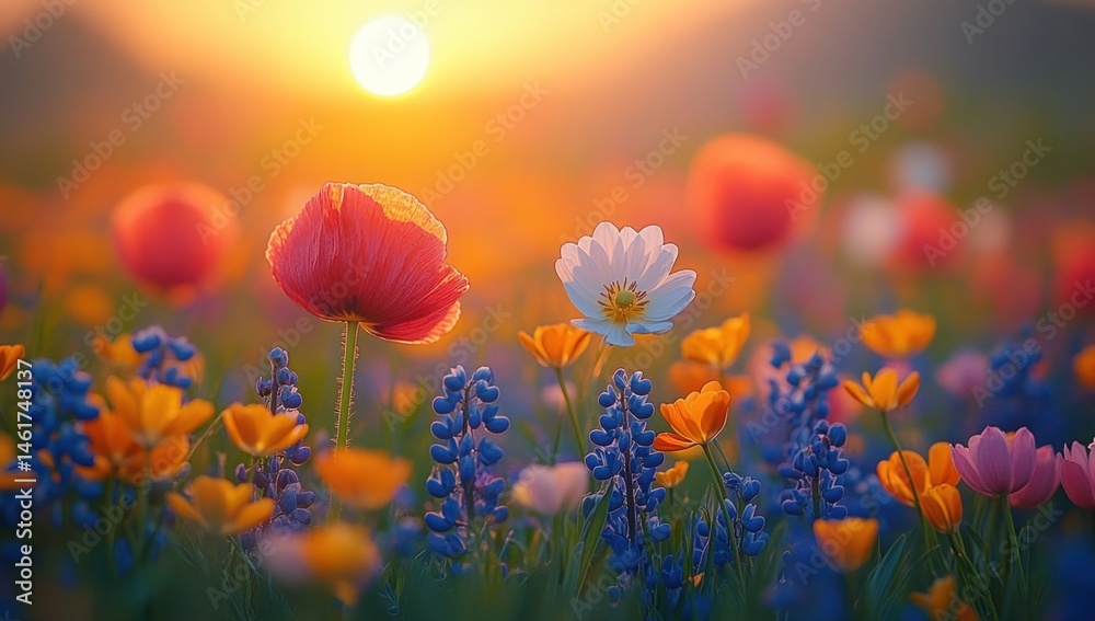 Fototapeta premium Sunset over vibrant wildflowers, idyllic meadow scene