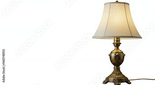 Elegant antique brass table lamp with a white lampshade illuminated against a clean white background, showcasing classic design and warm lighting. copy space for text photo