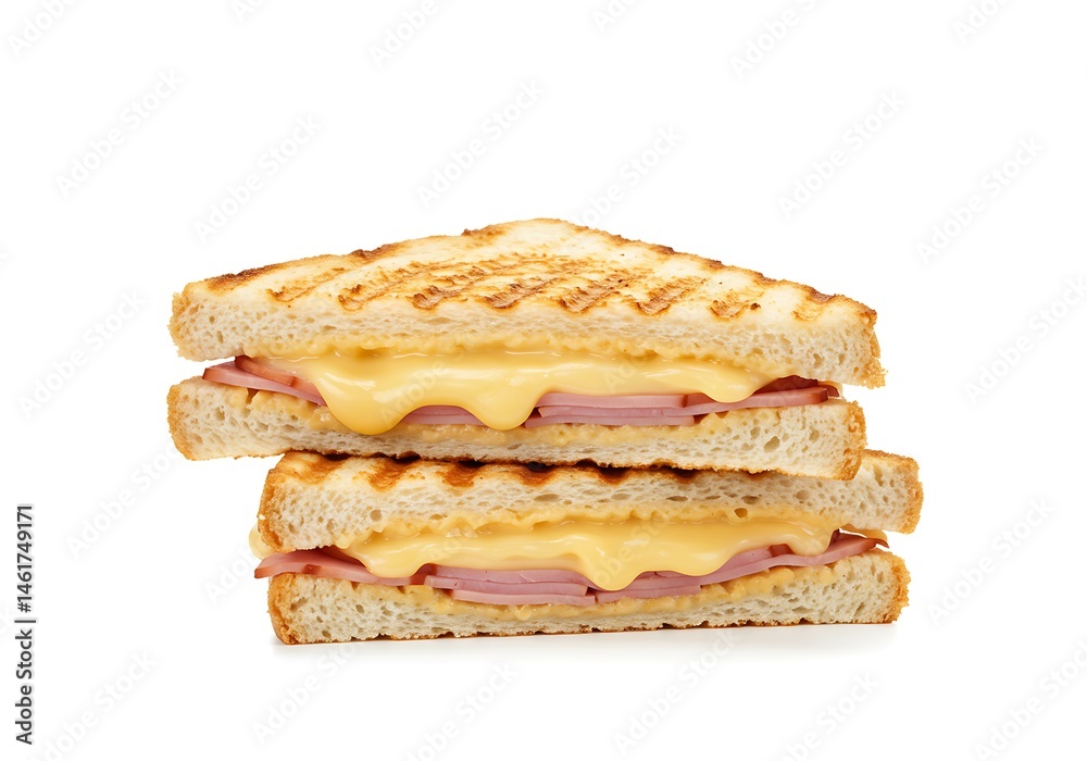 A stack of two grilled cheese and ham sandwiches on a white background in a studio shot view A stack of two grilled cheese and ham sandwiches on a white background in a studio shot view