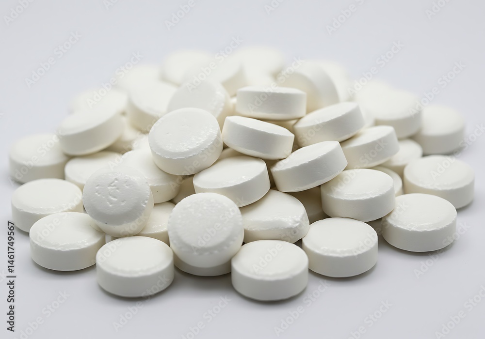 A close up shot showcasing a pile of small round white pills against a neutral background surface view A close up shot showcasing a pile of small round white pills against a neutral background surface view