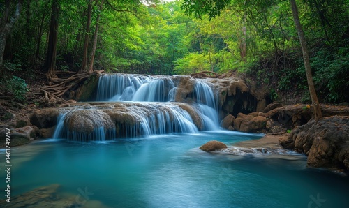 Stunning waterfall cascading over rocks in lush green forest setting