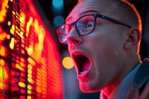 Techie caucasian teenager boy in a power suit, statistics reflections in his glasses. Concept art of it. Scammer looks happy at the monitor in dark network hub. Ai engineer at work. photo