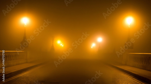 disappearing into thick mist with dim streetlights glowing softly