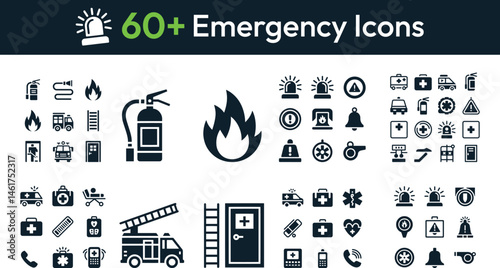 60+ Emergency Icons – Black and White Disaster Safety and Rescue Symbols for Medical and Hazard Awareness Design