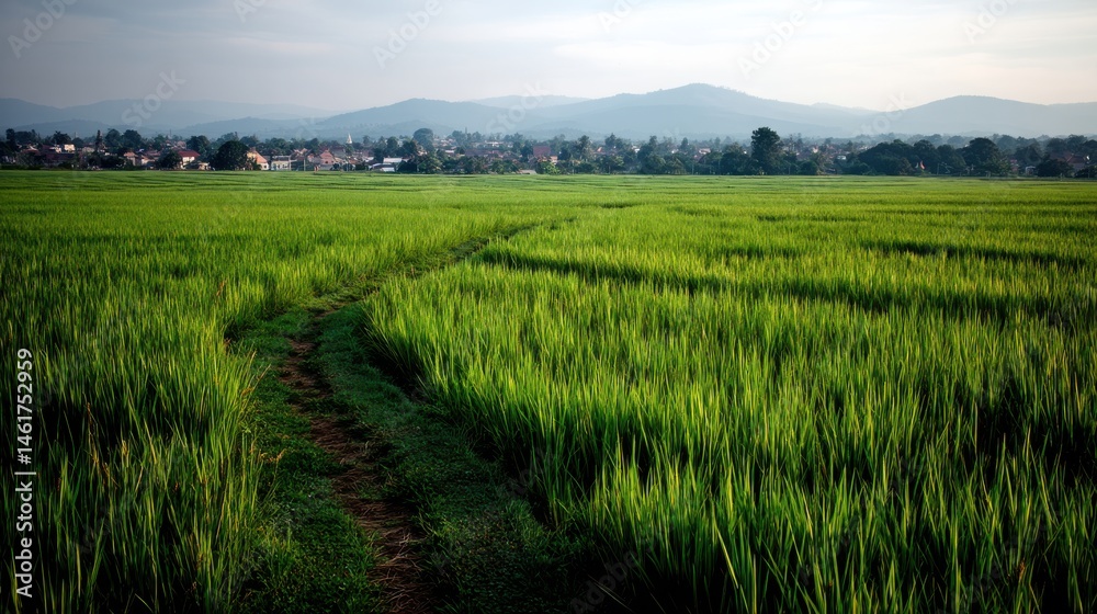Obraz premium Rice Field Path with Distant Town and Mountain Range