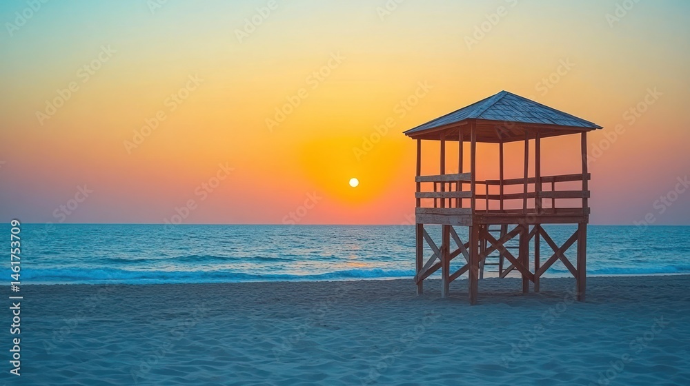 Sunrise over a beach with a wooden lifeguard stand Sunrise over a beach with a wooden lifeguard stand