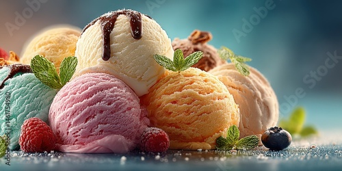 Colorful assortment of ice cream scoops served with fresh fruits and mint leaves in a sweet dessert setting photo