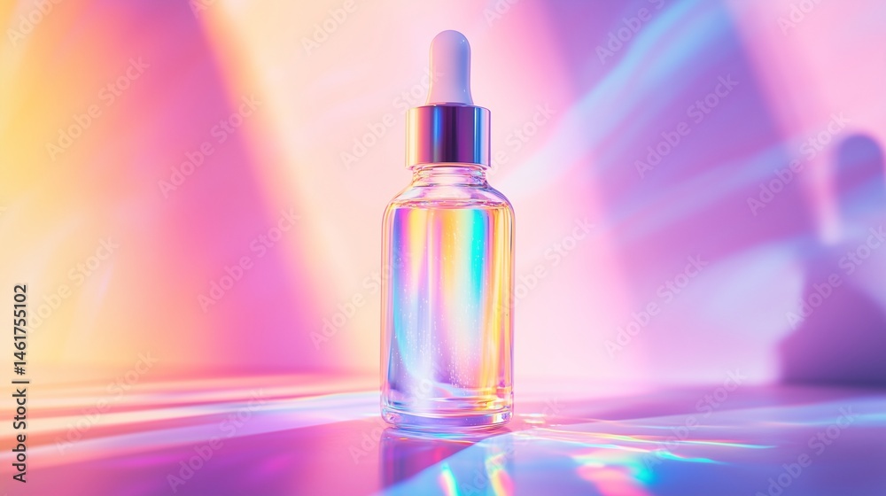 Isolated on white background, futuristic glass ampoule with iridescent serum suspended mid-air, surrounded by refracted light beams and soft studio glow Isolated on white background, futuristic glass ampoule with iridescent serum suspended mid-air, surrounded by refracted light beams and soft studio glow