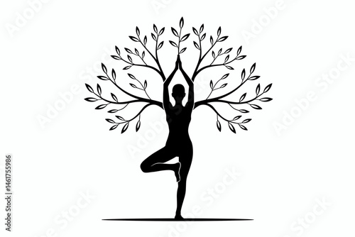 Yoga Tree Pose Silhouette – Woman Merging with Nature in Mindfulness Vector Art

