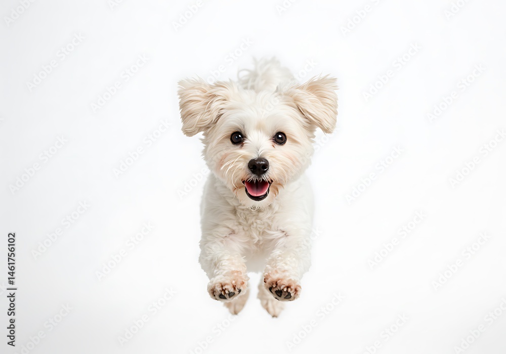 A small white dog jumping with its paws outstretched on a bright white studio background looking forward A small white dog jumping with its paws outstretched on a bright white studio background looking forward