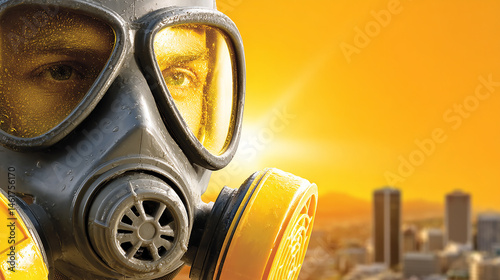 Person Wearing a Gas Mask Against a Sunset Background Symbolizing Environmental Hazards and Safety