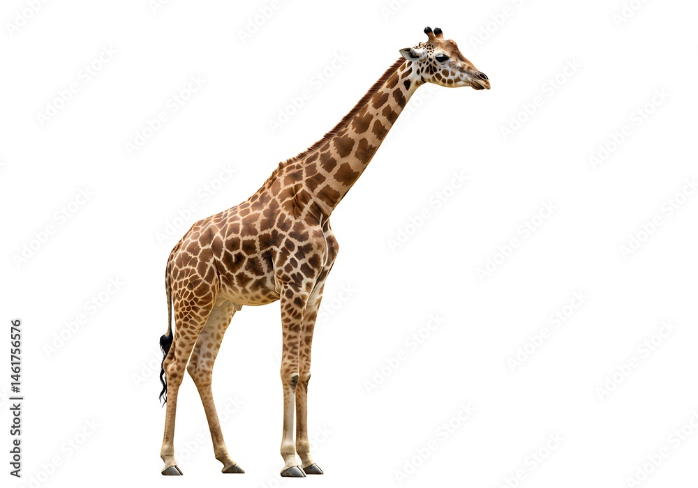 Naklejka premium A full body shot of a giraffe standing tall against a plain white background in a studio setting