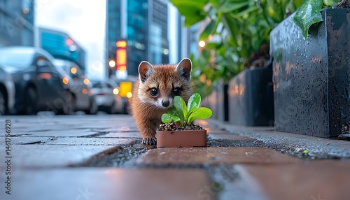 Fototapeta Naklejka Na Ścianę i Meble -  Tiny reddish mammal investigates small plant on city sidewalk