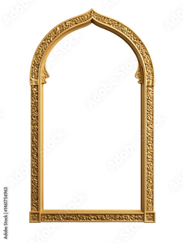Ornate carved golden mirror frame with intricate details in arched design