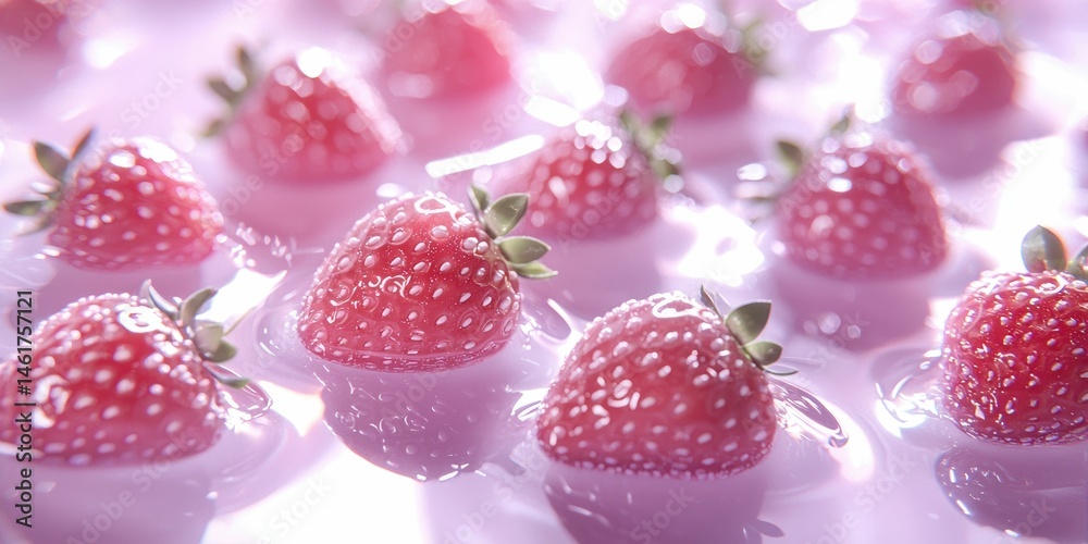 Soft blush strawberry-shaped jelly charms, scattered in airy formation across a smooth liquid surface, silver accents gleaming.