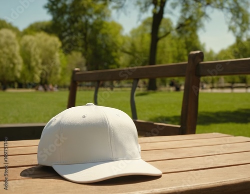 A white baseball cap rests on a wooden bench in a sunny park with lush green trees in the background.