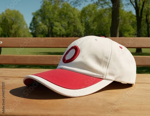 A red and white caps rests on a wooden bench in a sunny park setting.