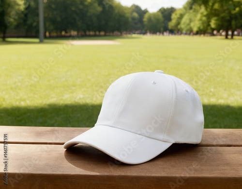 A stylish white baseball cap rests on a wooden bench in a lush green park setting.