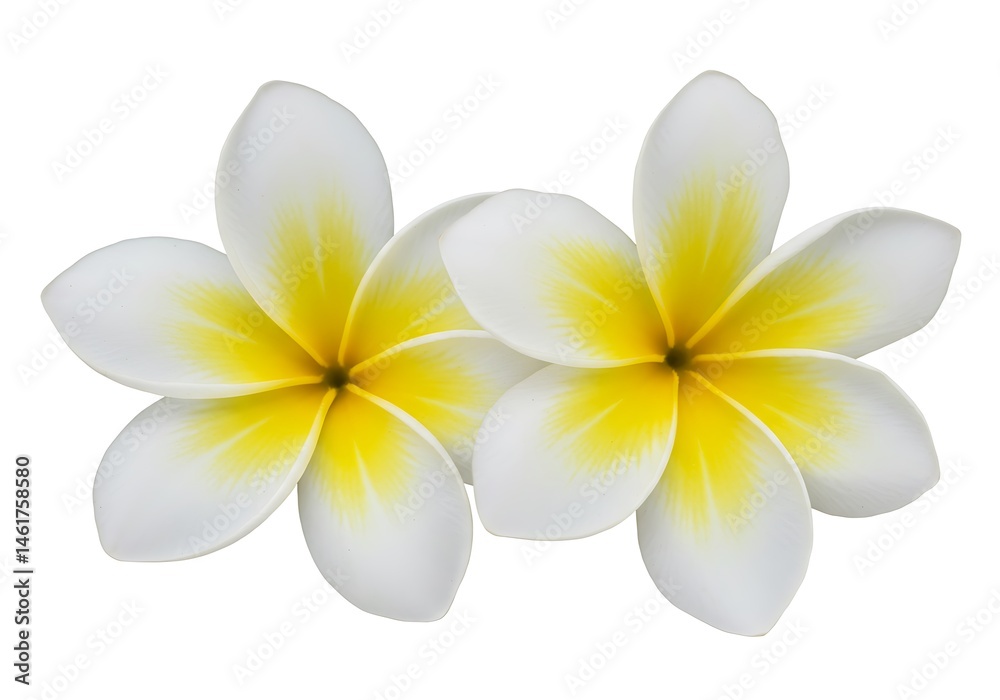 Obraz premium Two plumeria flowers with white petals and yellow centers on a plain white background in a studio shot