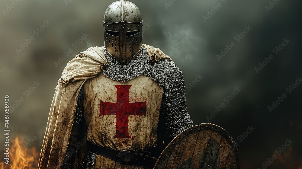 Fototapeta premium Medieval warrior in full plate armor and a holy crusade symbol.