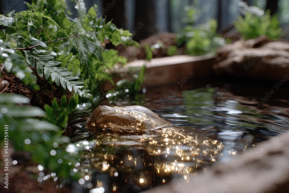 Obraz premium A mesmerizing close-up of a golden rock glistening in calm water, surrounded by lush green ferns, symbolizing richness and the beauty of nature's treasures.