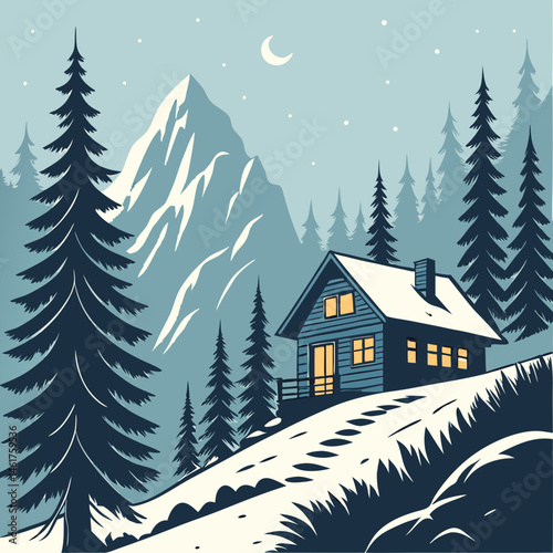 Snowy Mountain Cabin with Pine Trees Peaceful Winter Vector Scene for Nature Lovers
