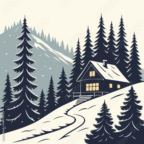 Snowy Mountain Cabin with Pine Trees Peaceful Winter Vector Scene for Nature Lovers