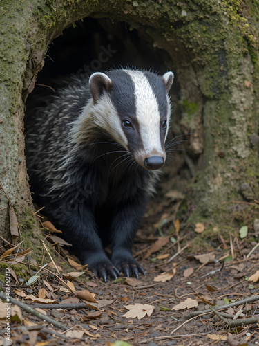 Eurasian Badger (Meles meles) adult, standing beside sett entrance, coppice woodland habitat, Kent, England, United Kingdom