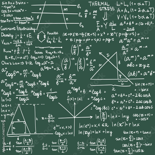 Doodle vector drawing of scientific formulas on a school board