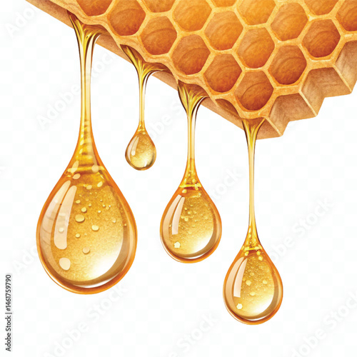 realistic fresh golden honeycomb dripping liquid honey isolated on transparent background