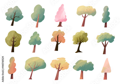 Watercolor Fantasy Tree Illustration Set. A bundle of 15 whimsical tree illustrations in soft watercolor style featuring various shapes colors and textures. Perfect for storybooks nature scenes