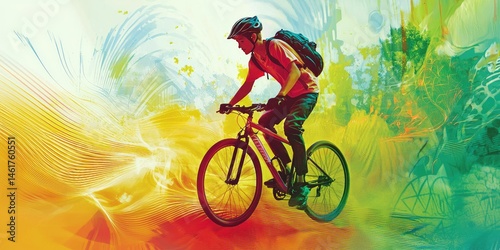 Stylized magazine illustration of urban youth culture: a cyclist boy cruising through a nature-inspired graphic park with audio waves trailing.