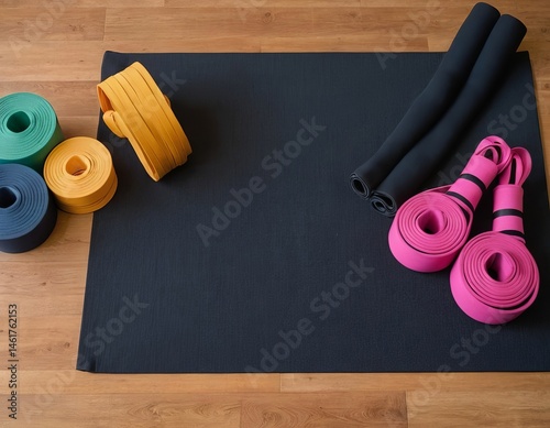 A vibrant fitness setup featuring colorful resistance bands on a black yoga mat, conveying a healthy lifestyle.