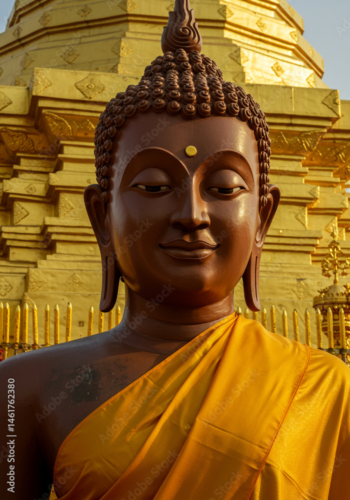 Serene Buddha Statue before Golden Pagoda