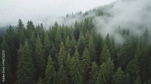 Misty mountain forest with dense evergreen trees