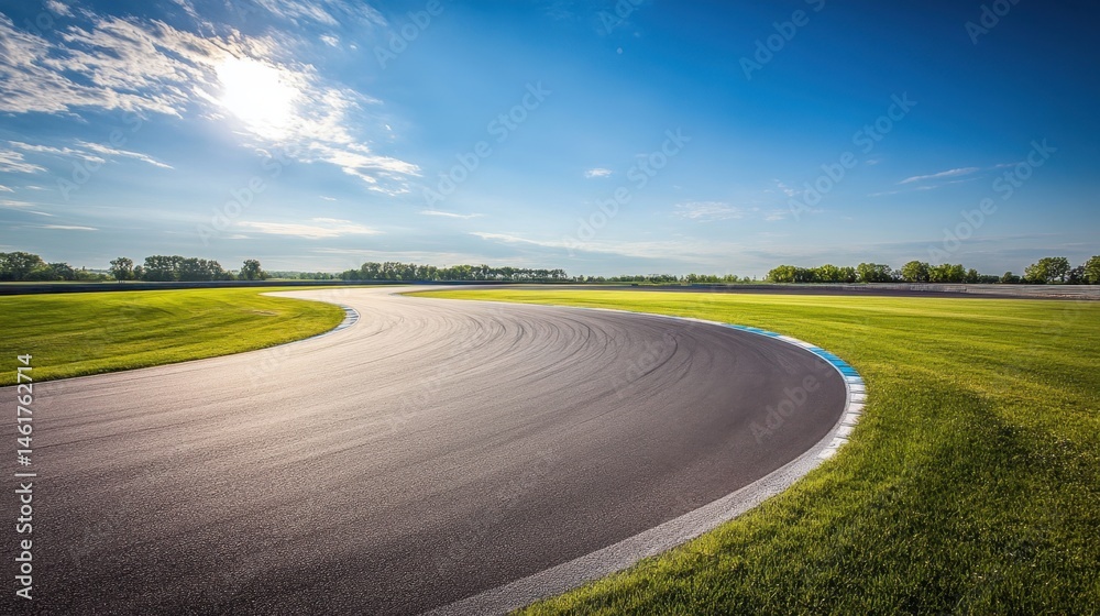 Fototapeta premium Asphalt Race Track Curve on Sunny Day with Blue Sky and Green Grass Landscape View from Ground Level