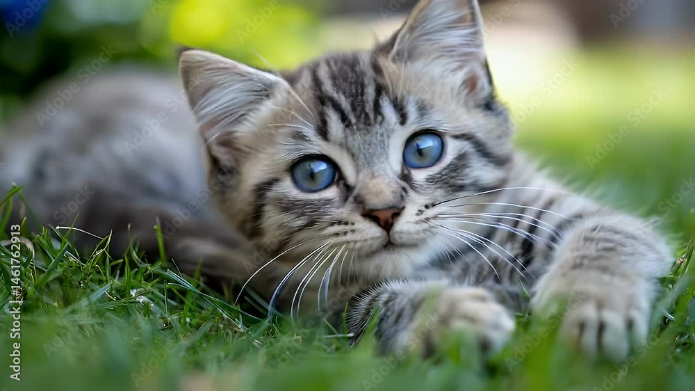 Gray Tabby Kitten with Striking Blue Eyes Lounging in Lush Green Grass Background Gray Tabby Kitten with Striking Blue Eyes Lounging in Lush Green Grass Background