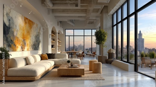 Modern loft apartment interior with city views